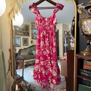 Japna NWT Pink and Cream Botanical Spaghetti Strap Smock Waist Midi Dress